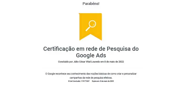 Certificação Google Ads em rede de pesquisa